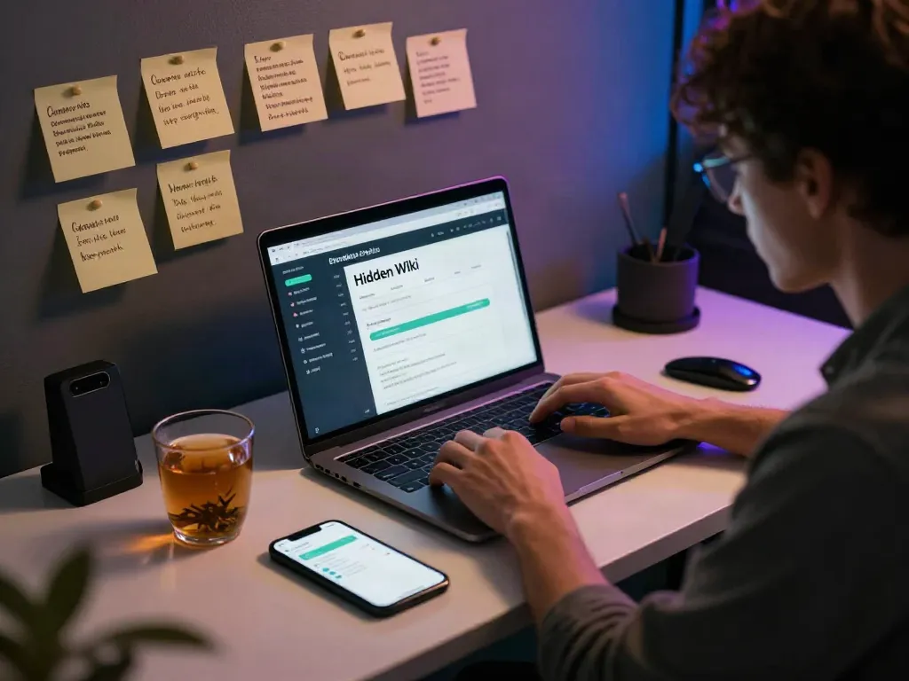 The hidden wiki dark web exploration scene with a person focused on a laptop amidst security notes and ambient lighting.