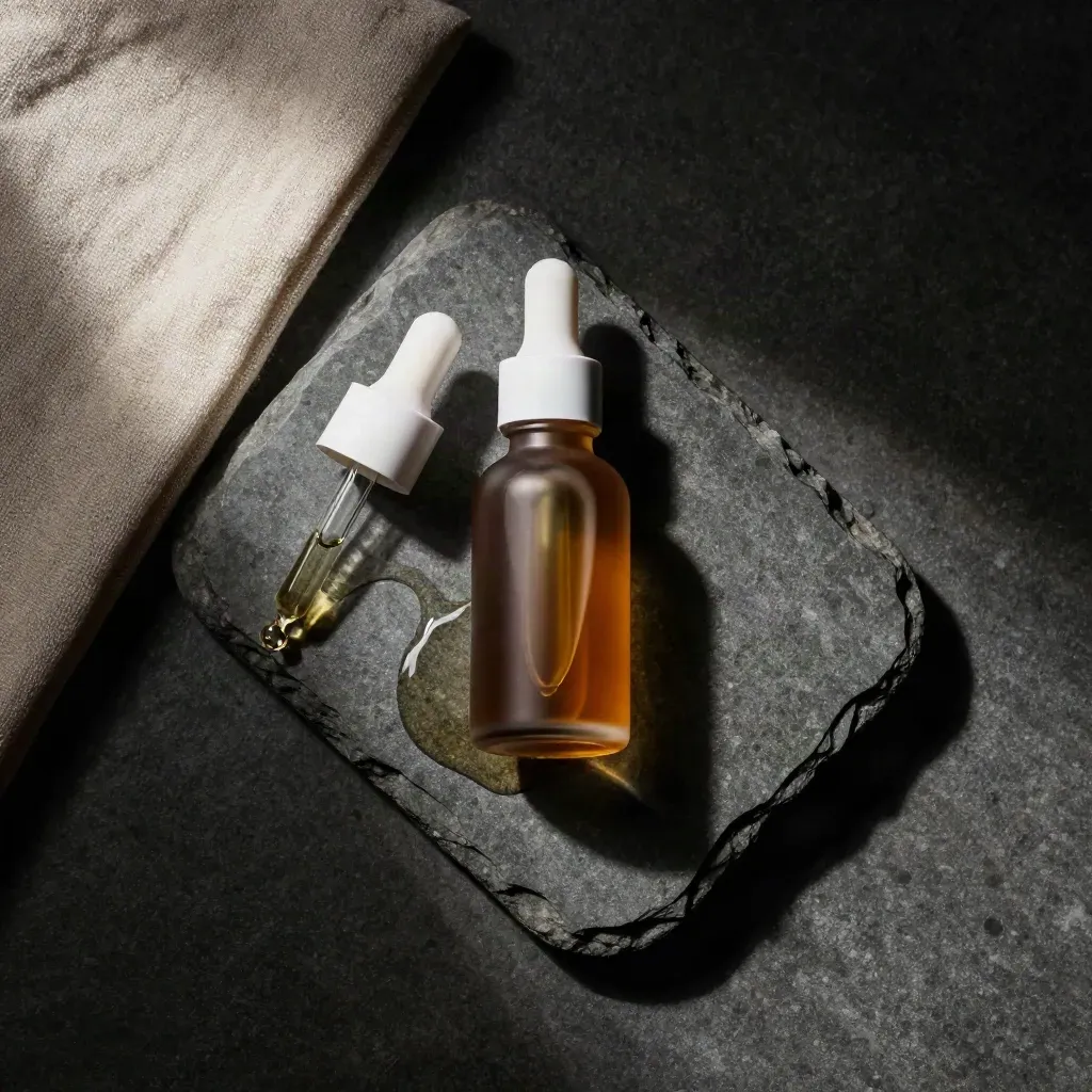 Overhead tincture bottle with dropper, linen and amber oil on wet limestone.