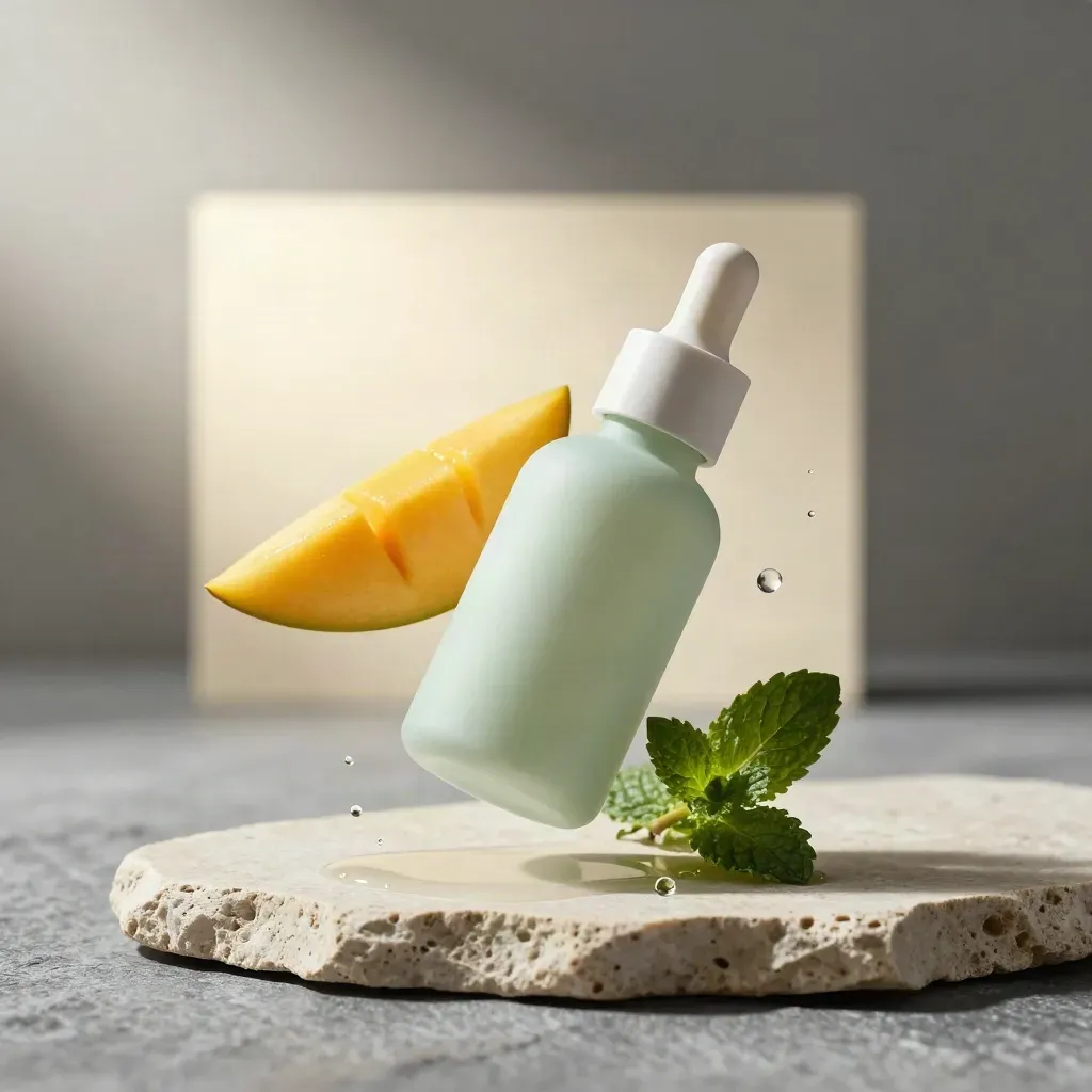 Mango mint CBD juice bottle floating with mango wedge, mint sprig, and droplets on stone