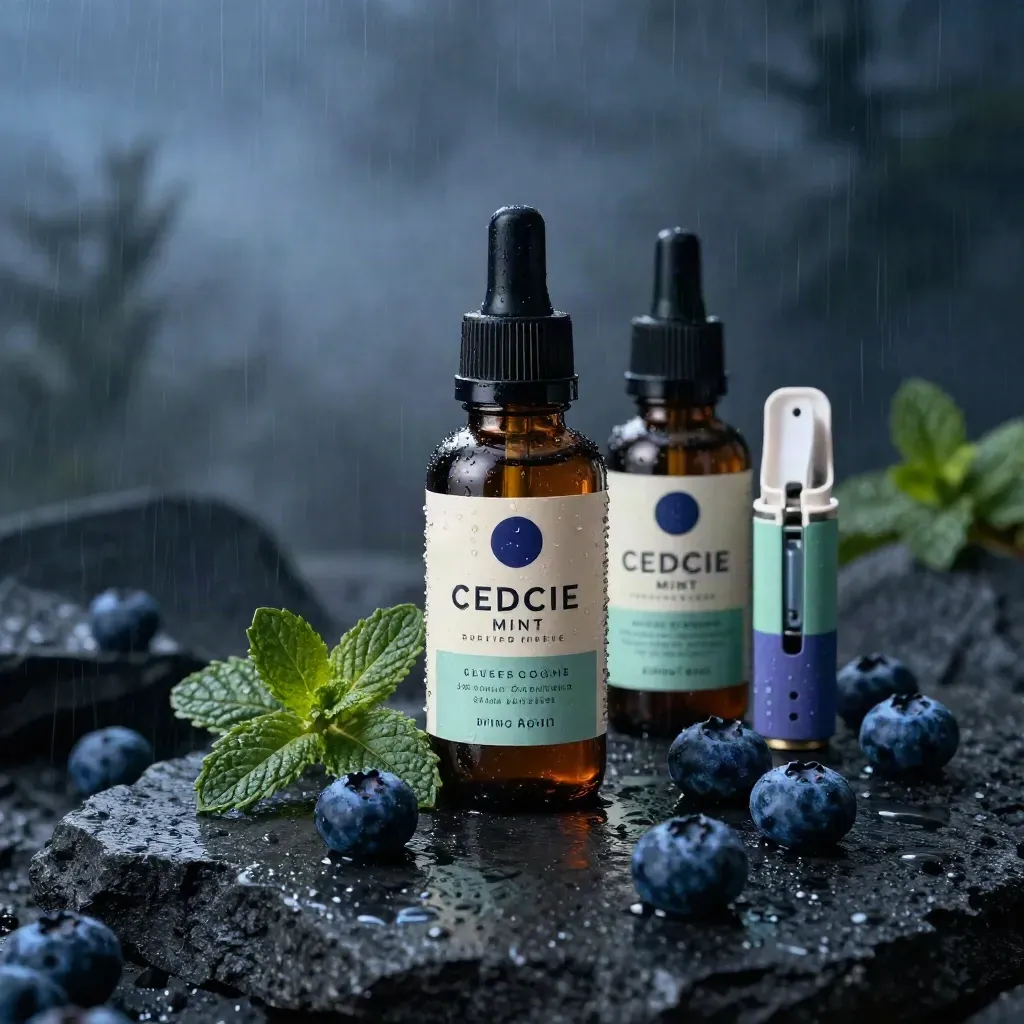 Unbranded blueberry mint CBD juice bottle with mint, blueberries and wet stone in blue-hour mist.