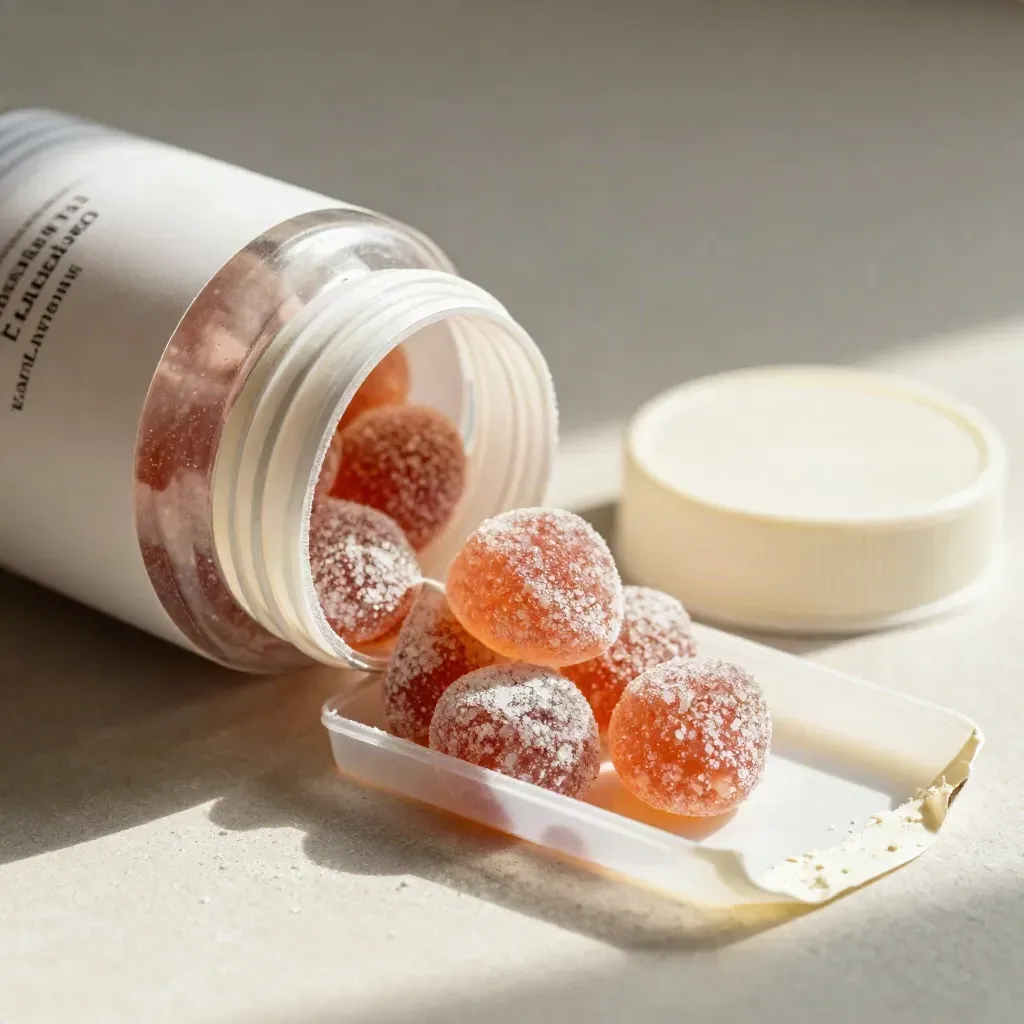 Open strawberry CBD gummies jar with sugar-dusted gummies on cream plaster, close-up