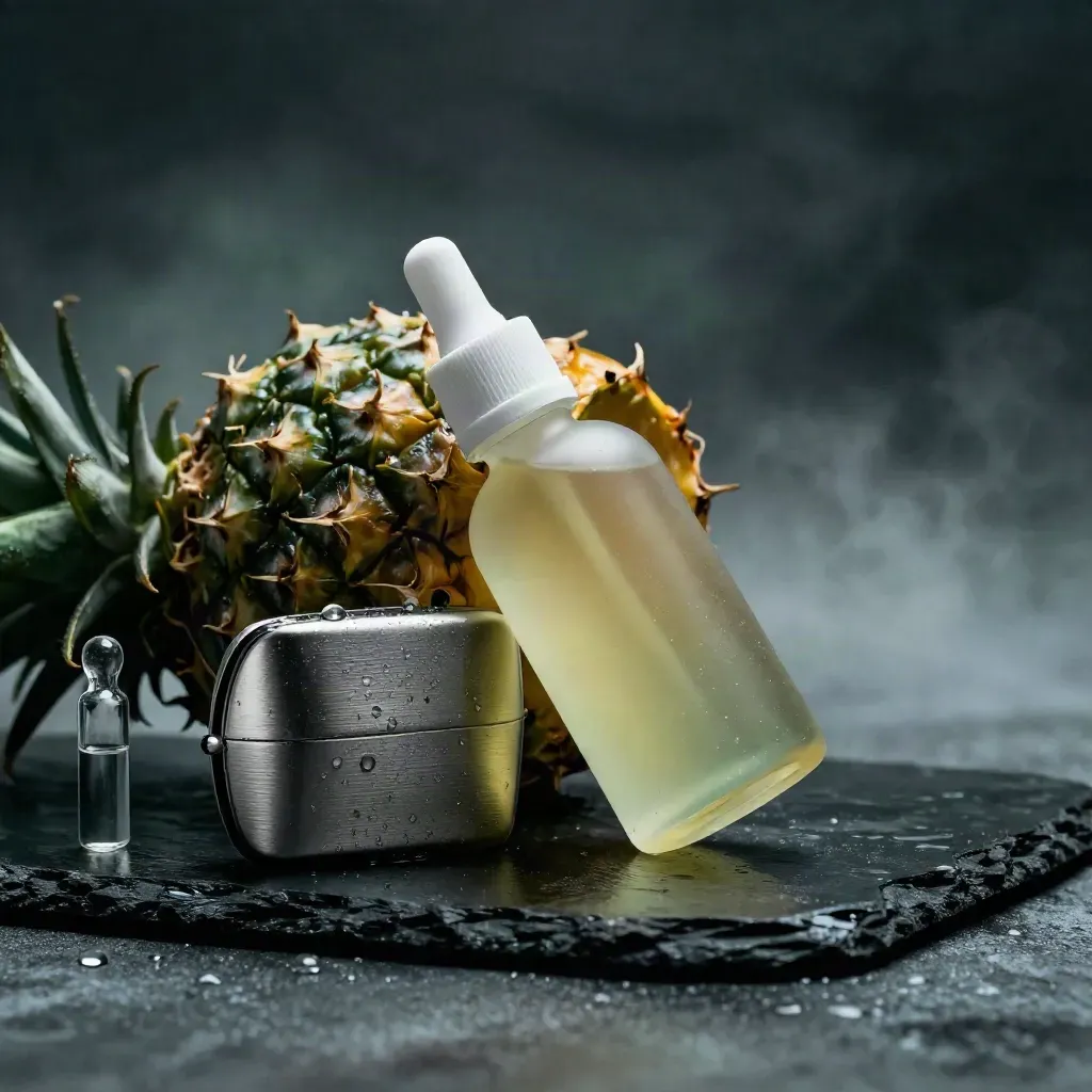 Pineapple CBD e-liquid bottle with crown, vial, and pod on wet slate.