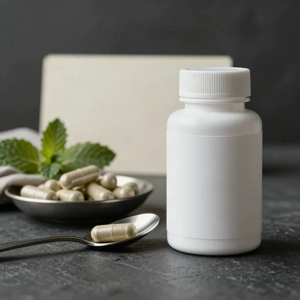 Mint CBD capsule bottle with dish, spoon, cloth on dark stone under soft studio light.