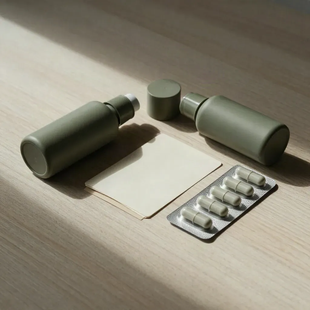 Two bottles, folded cream card and capsule tray in a precise flatlay on pale wood.
