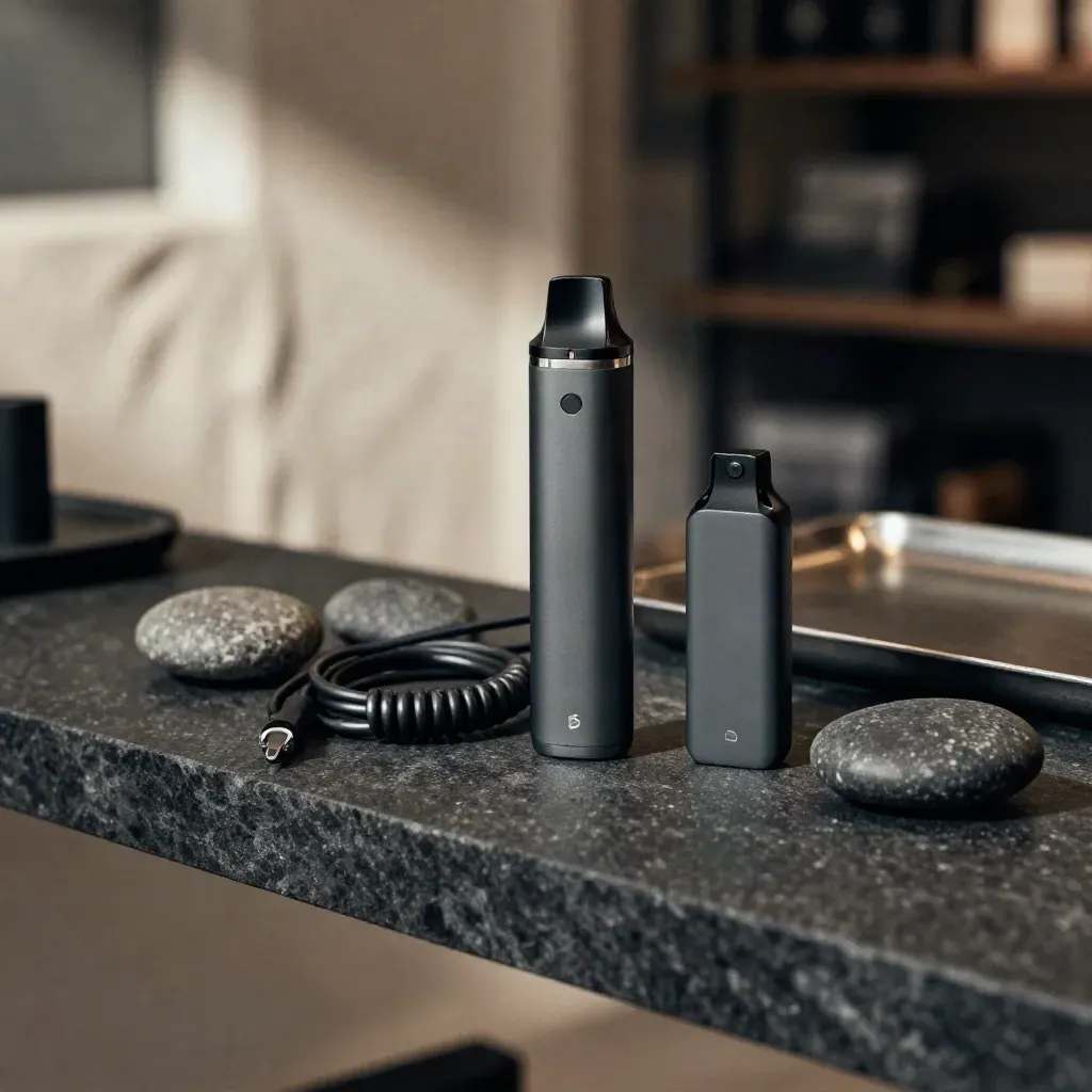 Blank vape starter kit with cable and spare pod beside river stones on a charcoal stone shelf.