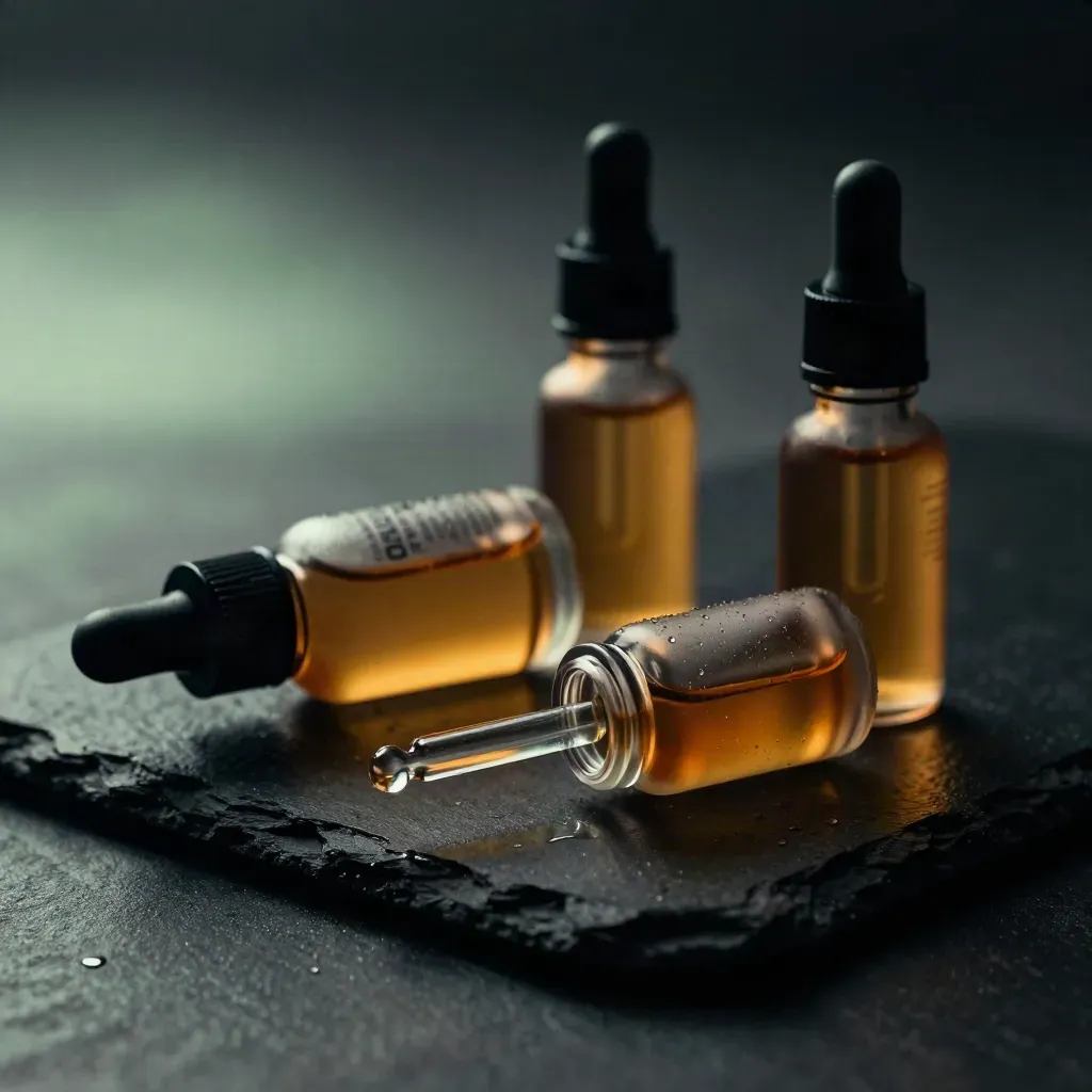 Three CBD wellness bottles with dropper and capsule jar on a dark studio surface.