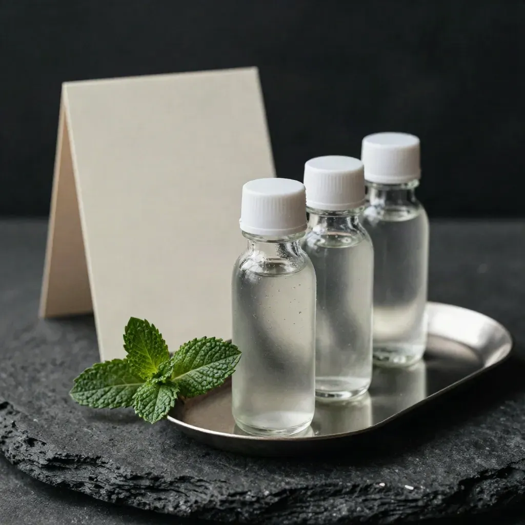 Three blank mini CBD bottles on dark stone with mint leaf, low hero angle, soft studio light