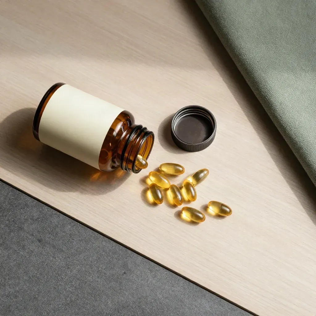 Overhead flatlay of a CBD softgel bottle, capsule tray, blank carton and cloth on pale wood.