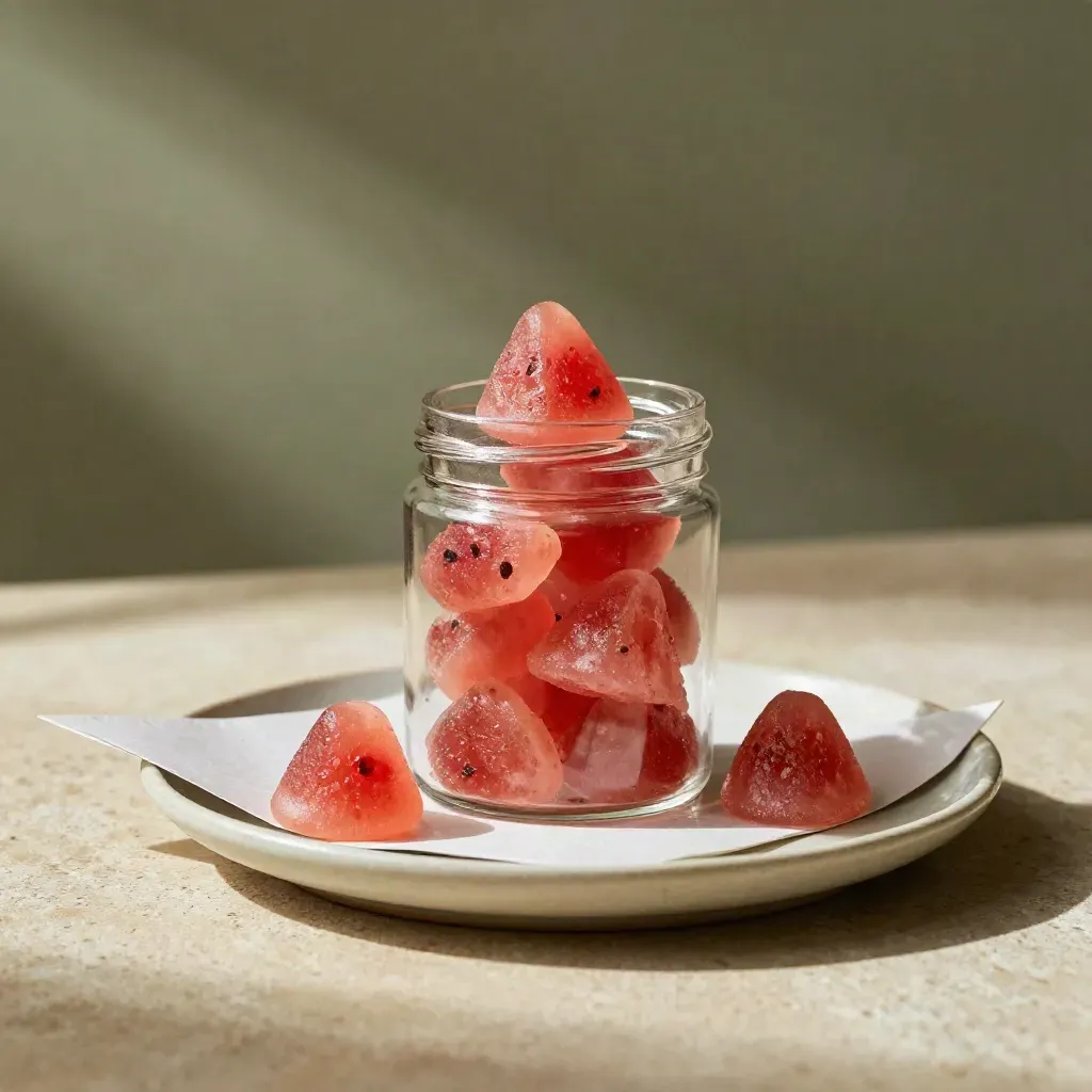 Jar of watermelon gummies with plate and sage liner on warm stone, softly lit and elegant.