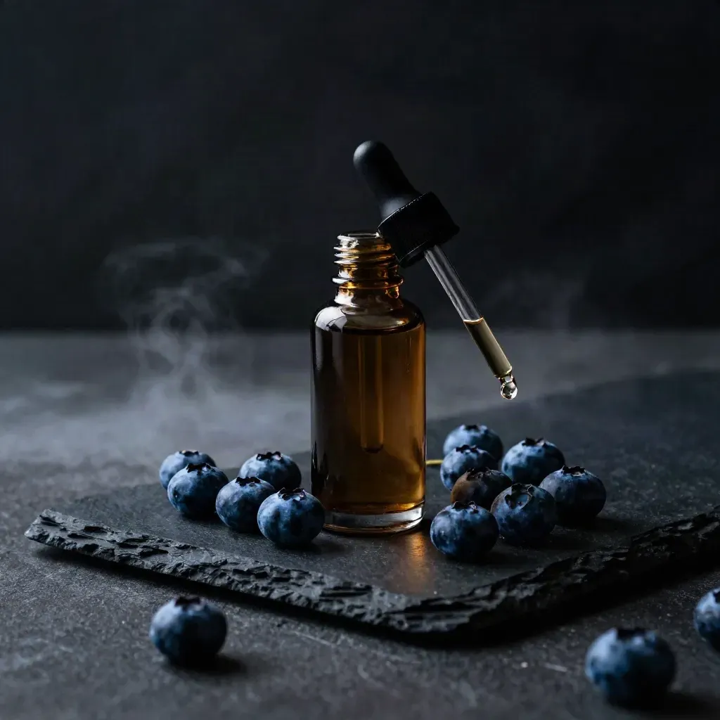 Blueberry CBD tincture bottle with dropper and blueberries on dark stone in cool studio light