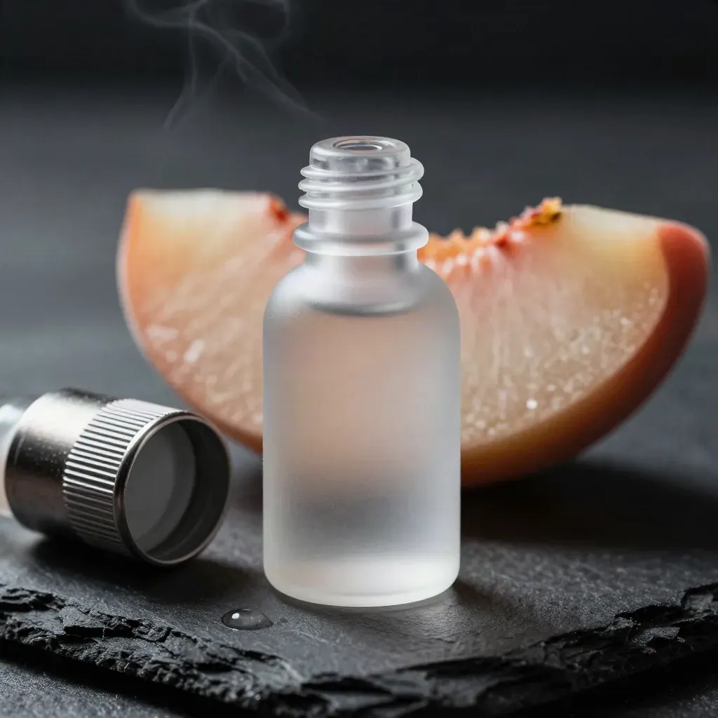 Blank frosted peach e-liquid bottle, metal pod, peach slice and condensate on slate