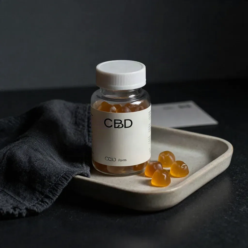 Dark studio jar of CBD gummies with a few pieces and linen on a tray