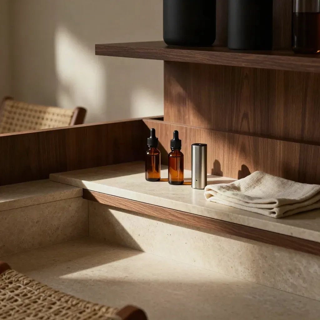 Sunlit marble ledge with CBD vape juice bottles, woven chair edge, and a calm interior corner.