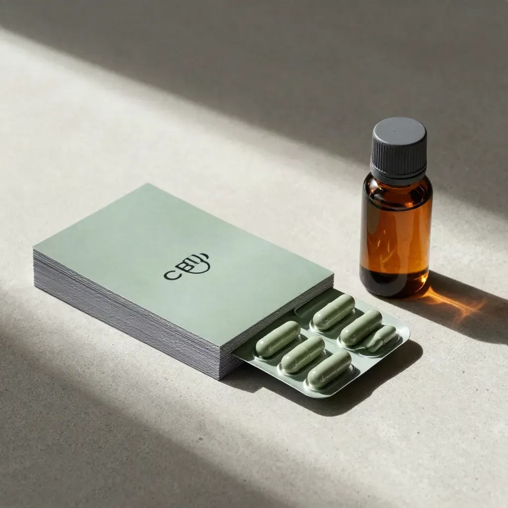 Top-down CBD guide pack with capsule tray, amber bottle, and cards on pale concrete.