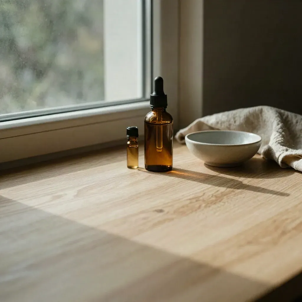 Amber CBD tincture bottle on pale oak by frosted window with linen and ceramic bowl